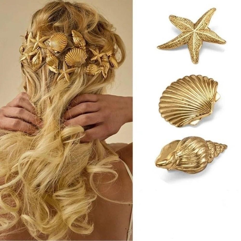 Golden Color Starfish Hair Clip Gold Color Scallop Shape Duckbill Hair Clip Elastic Design Conch Hair Clip Vacation Style