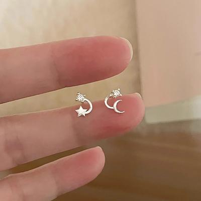 Star and Moon Earrings Women's Simple Commuter Niche Design Sense Star and Moon Asymmetrical Zircon Earrings