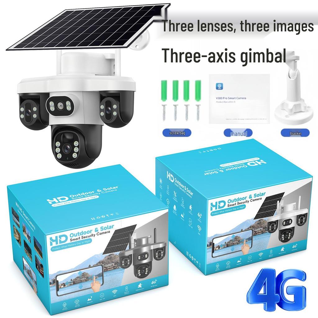 V380 Solar-Powered 4G Outdoor Camera with Triple Lens and Gimbal Rotation