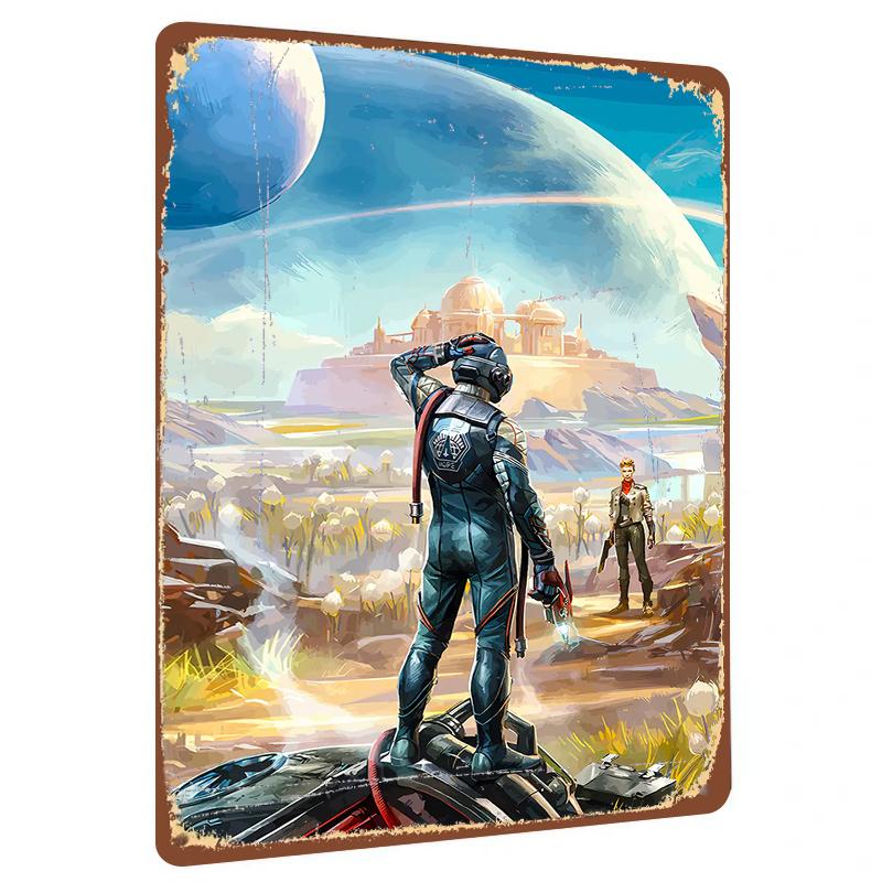 

Sci Fi Astronaut Exploring Alien Base Metal Wall Art Retro Decor for Living Room Bedroom 20x30cm（7.8x11.8inch）