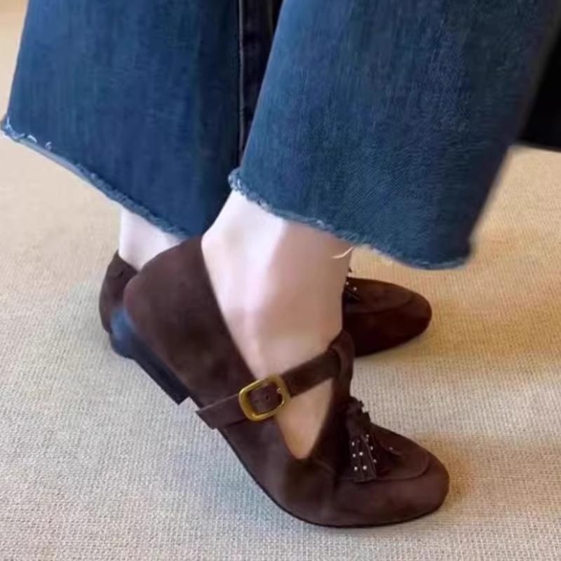 Fashion Tassel T Strap Design Retro Mary Jane Shoes Comfort Round Toe Buckle Flats Shoes for Ladies Lightweight Walking Loafers