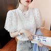 Women White Lace Blouses Summer Hollow Out Black Casual Korean Style Elegant Puff Sleeve Tops Vintage Shirt