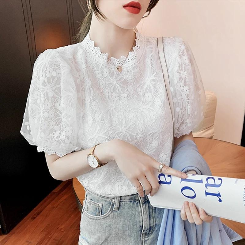 Women White Lace Blouses Summer Hollow Out Black Casual Korean Style Elegant Puff Sleeve Tops Vintage Shirt