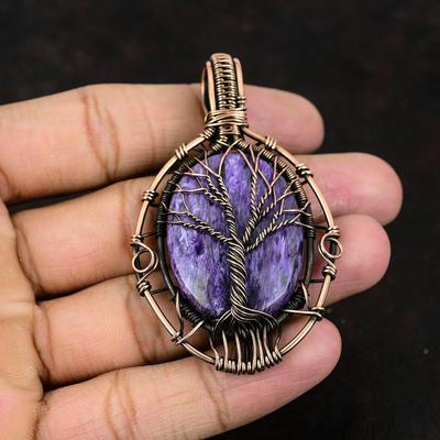 Tree Of Life Charoite Pendant Gemstone Jewelry Copper Wire Wrapped Pendant Handmade Jewelry Designer Pendant Tree Of Life Jewelry For Gift