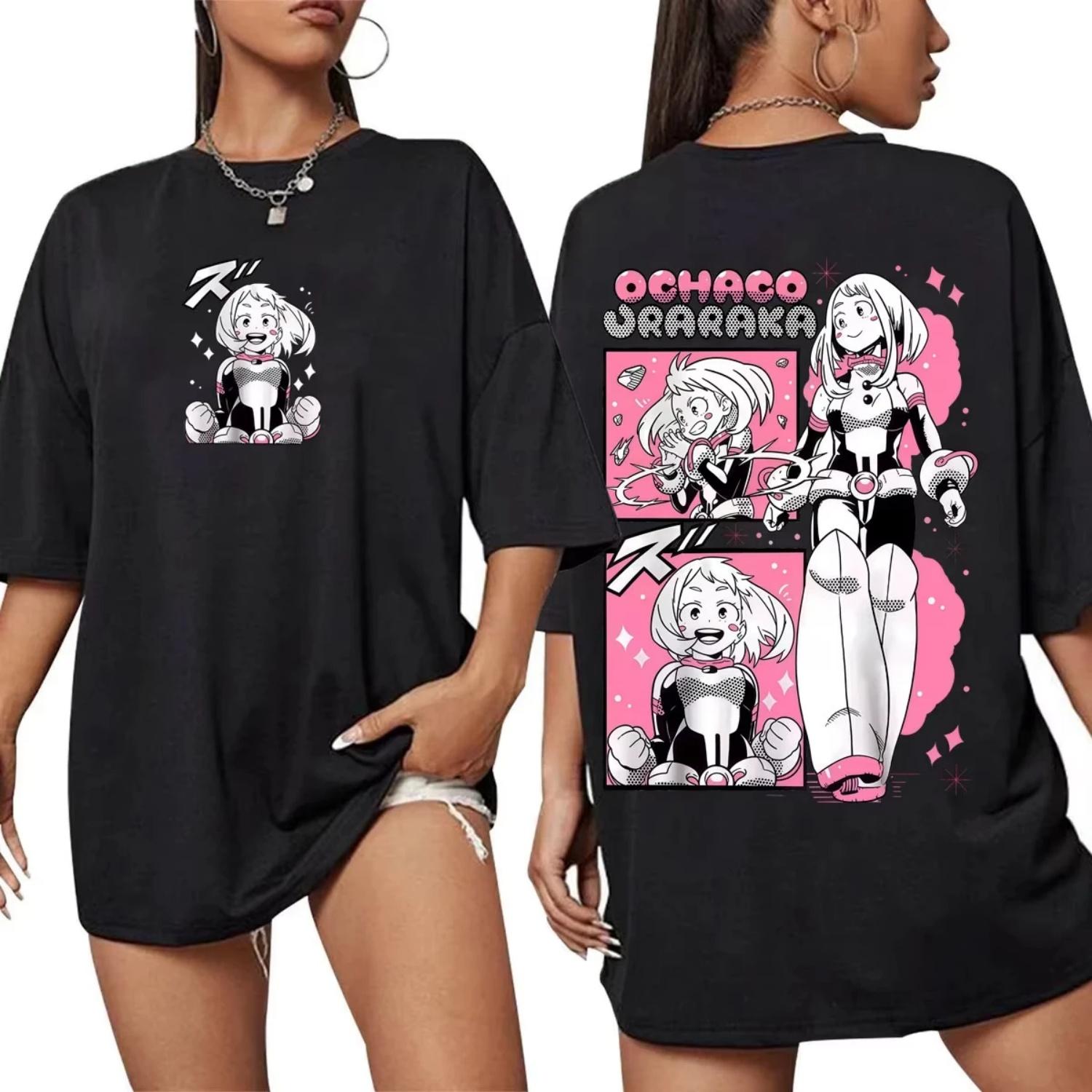 

Anime My Hero Academia Print T-Shirt Cartoon Ochaco Uraraka Graphic T Shirts Men Women Clothing Cute Kawaii Oversized Y2K Tees S чёрный