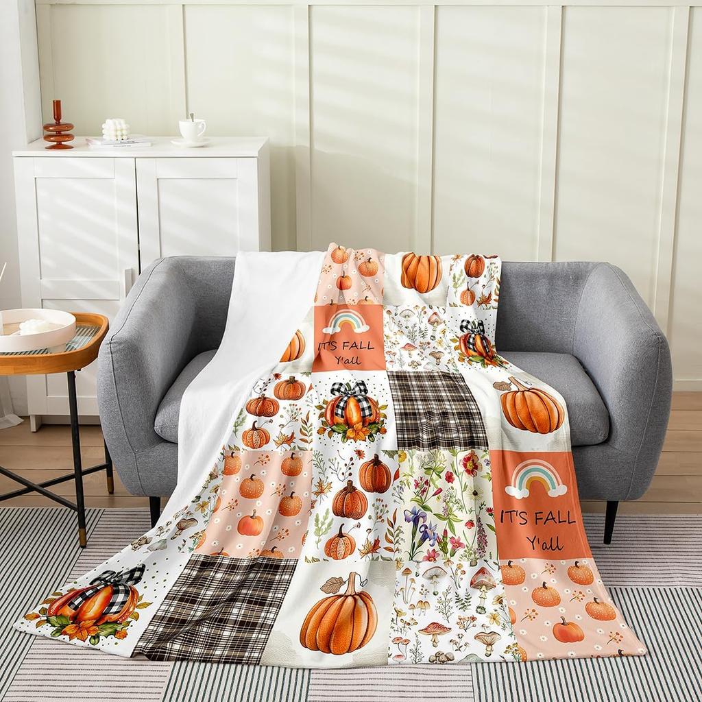 GUOYU Blanket Fall Pumpkin Harvest Fleece Flannel BlanketRustic Maple Autumn Leaves Bed Plush Blanket for Rustic Home DecorHarvest Patchwork