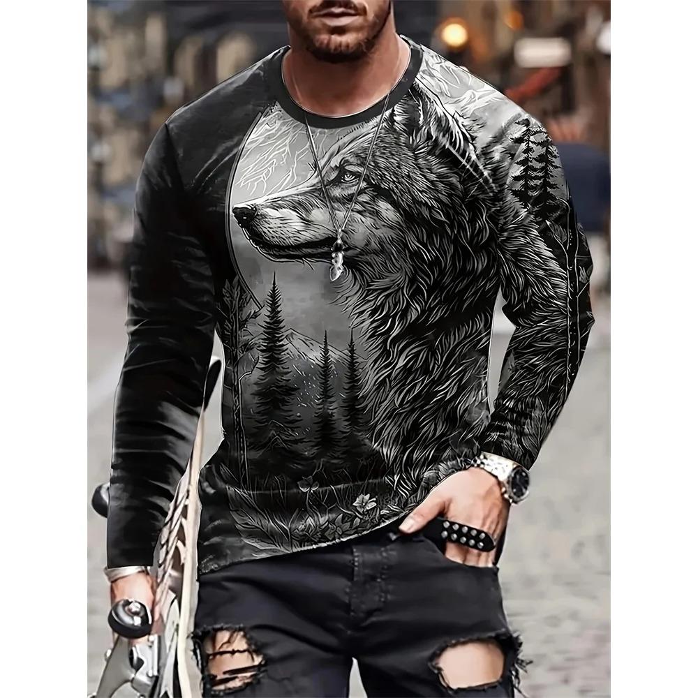 Spring and Autumn Round Neck Animal Pattern 3D Printed Top Fashionable Casual Long Sleeved Men's T-shirts
