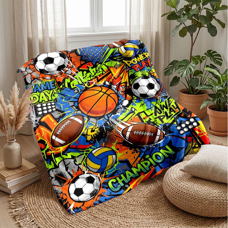 Sports Ball Collage Theme Blanket Lightweight Warm Flannel Blanket Decorative Throw Blanket for Home Decoration