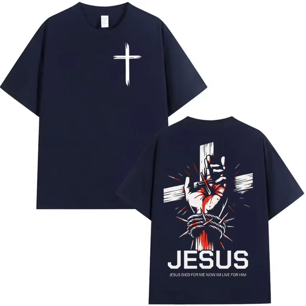 Christian Jesus Died for Me Now Im Live for Him Bible Verse Print T-shirts Men Women Retro Cotton Hort Sleeve T Shirt Streetwear