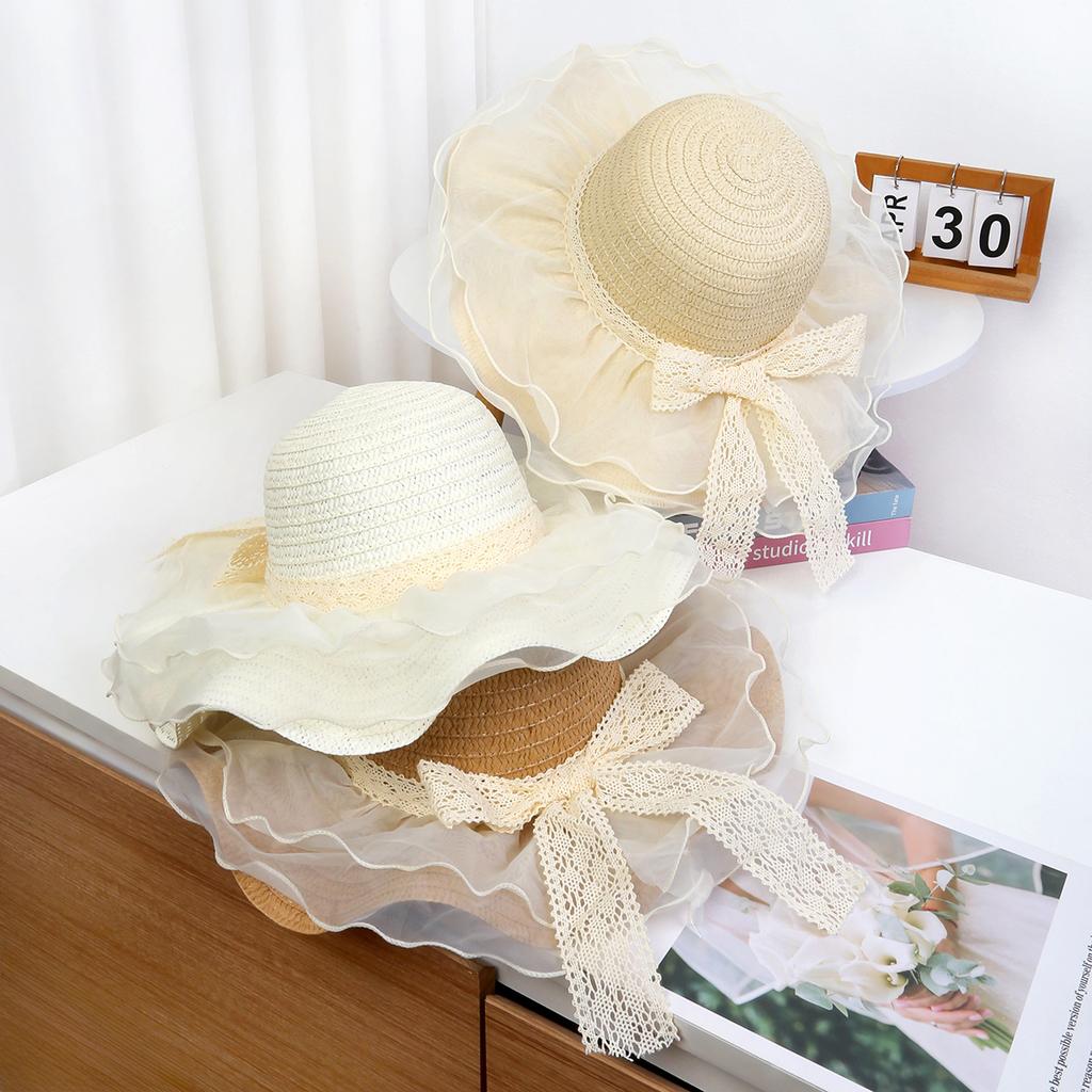 Fairy eaves bow mesh straw hat women's summer beach hat foldable breathable lace edge adult sun hat
