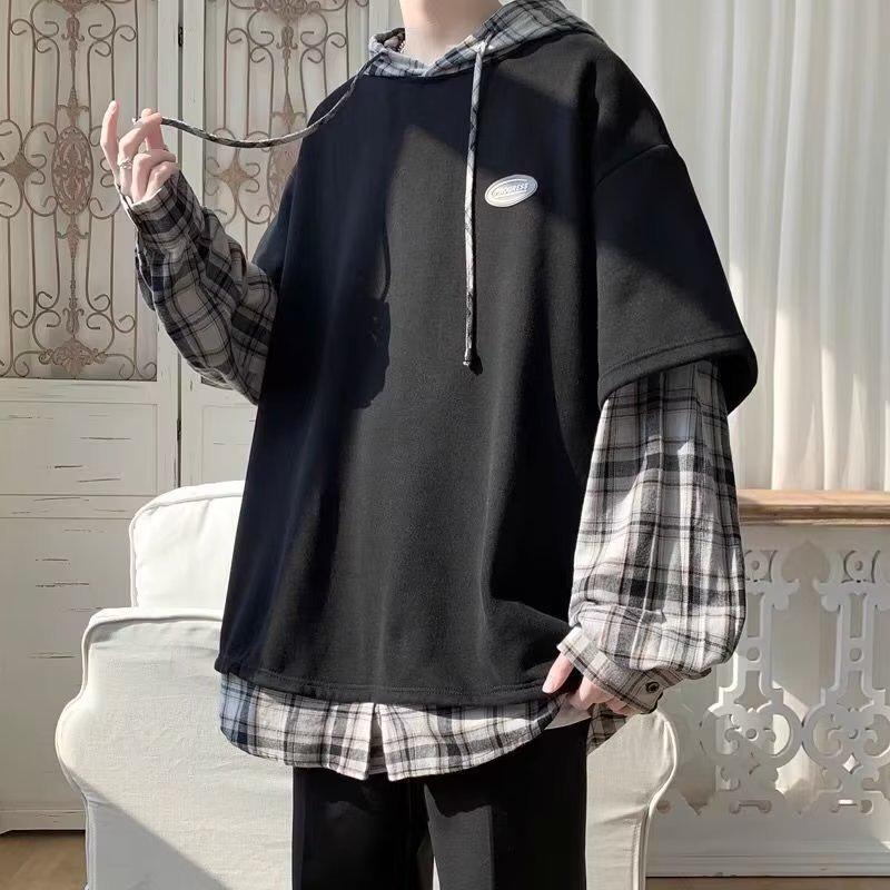 Men's Hoodie Plaid Patchwork Jacket - Spring & Autumn Lazy Style