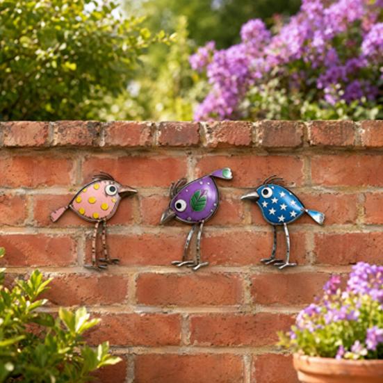 3 Pcs Colorful Wooden Bird Wall Decor Set, Cute Cartoon Bird Ornaments with Polka Dots, Weatherproof Metal Bird Signs