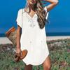 Sommer Strand Damen Unifarben Spitze Nähte V-Ausschnitt Kurzarm Minikleid