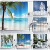 Seaside Ocean Shower Curtain Summer Beach Water Palm Tree Hawaii Landscape Fabric Bathroom Decor Curtains With Hooks Blue Green