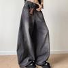 Heren Zwart Grijs Gewassen Denim Wijde Pijp Rechte Snit Jeans Losse Pasvorm Casual Broek