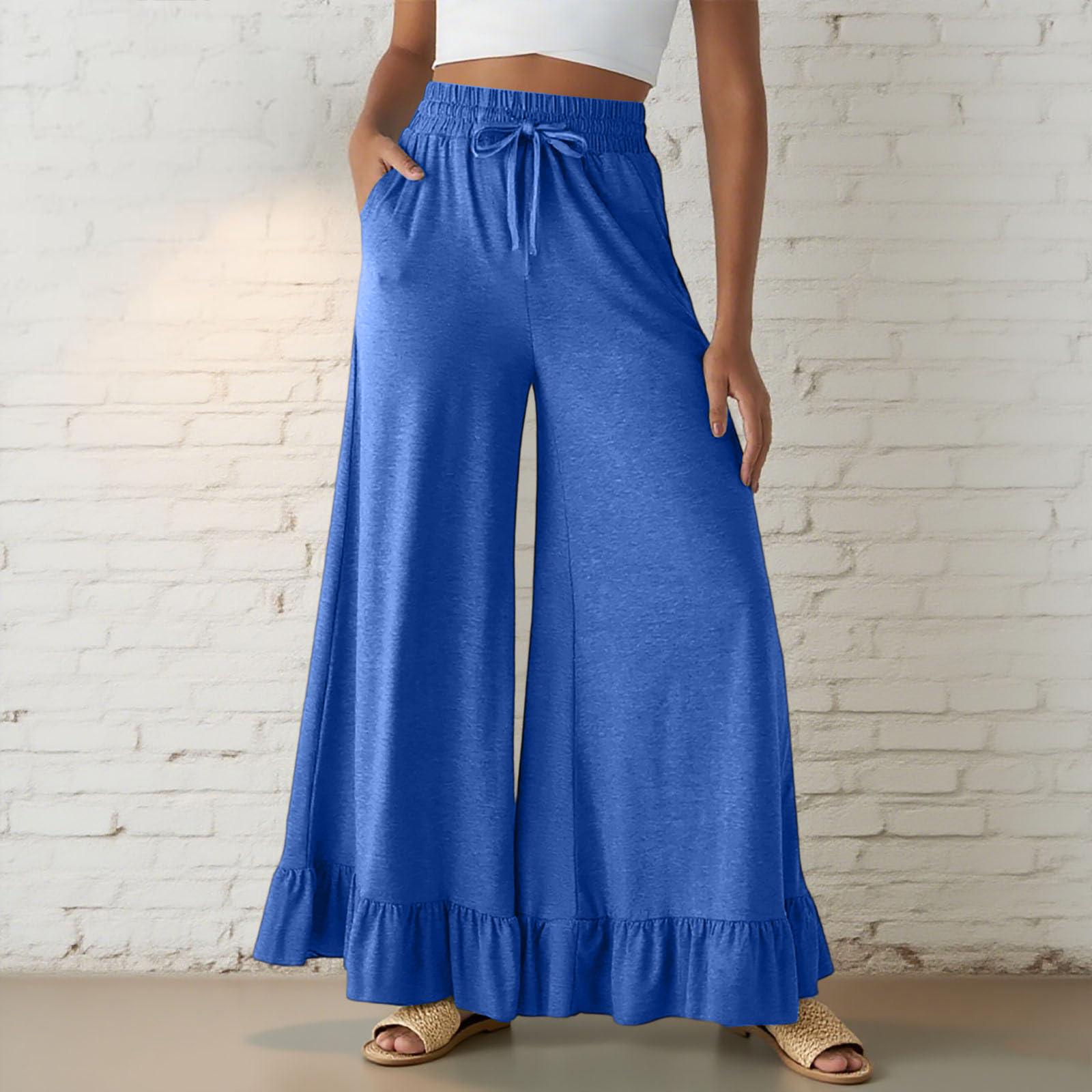 

Women’s Casual Loose Fit Drawstring Elastic Waist Wide Leg Pants with Ruffle Hem and Relaxed Flowy Silhouette for Everyday Wear S синій