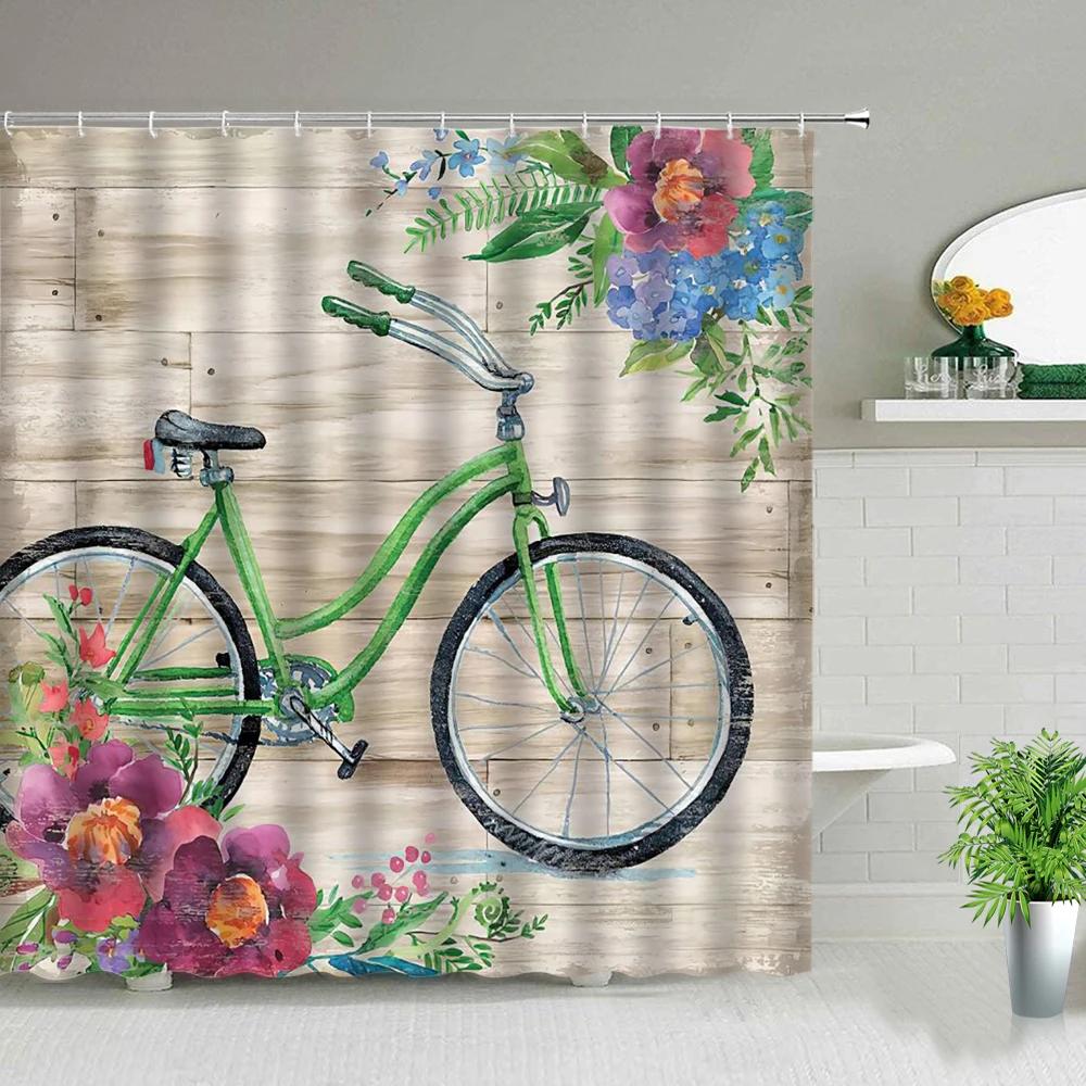 Retro Old Street Building Bicycle Landscape Shower Curtains European Style Poster Bathroom Curtain Waterproof Fabric With Hooks