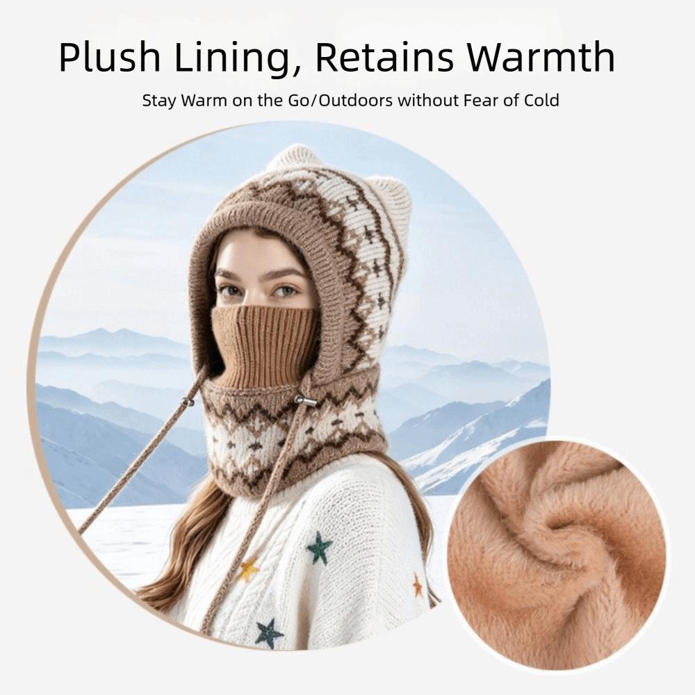Integrated Warmth Knitted Beanie Hat Knitted Hooded Cap Cute Winter Hat with Scarf  Outdoor Sports