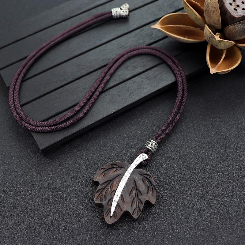Retro Literary and Artistic Long Ebony Necklace Wooden Pendant Women's Simple Zen Sweater Chain Cotton and Linen Accessories