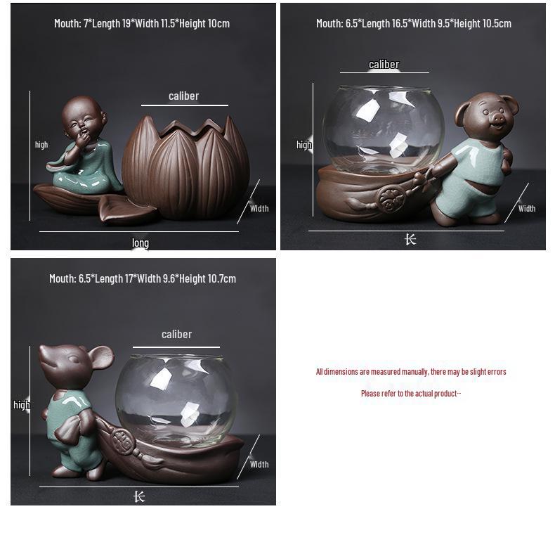 Creative Hydroponic Glass Flower Pot with Ceramic Little Monk Ornament for Living Room Decor