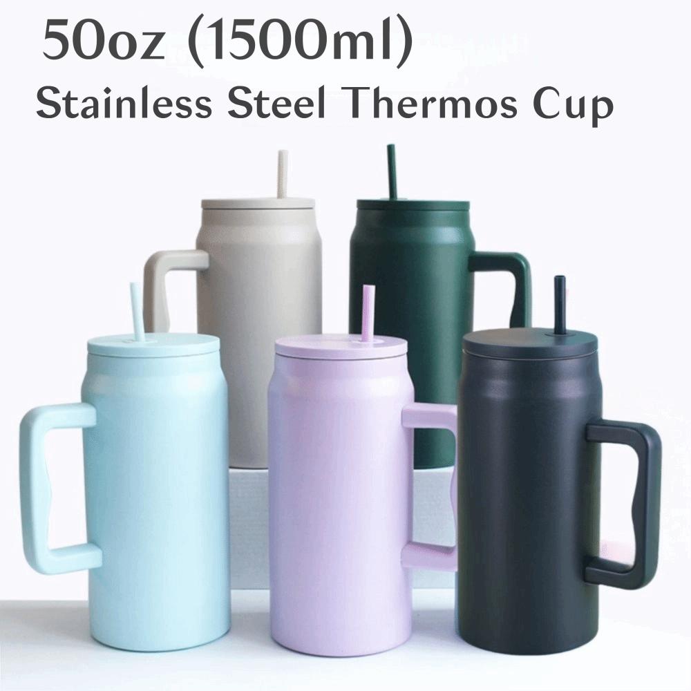 With Handle and Straw Lid Water Bottle Simple Sippy Cup Modern Thermal Cup  Unisex