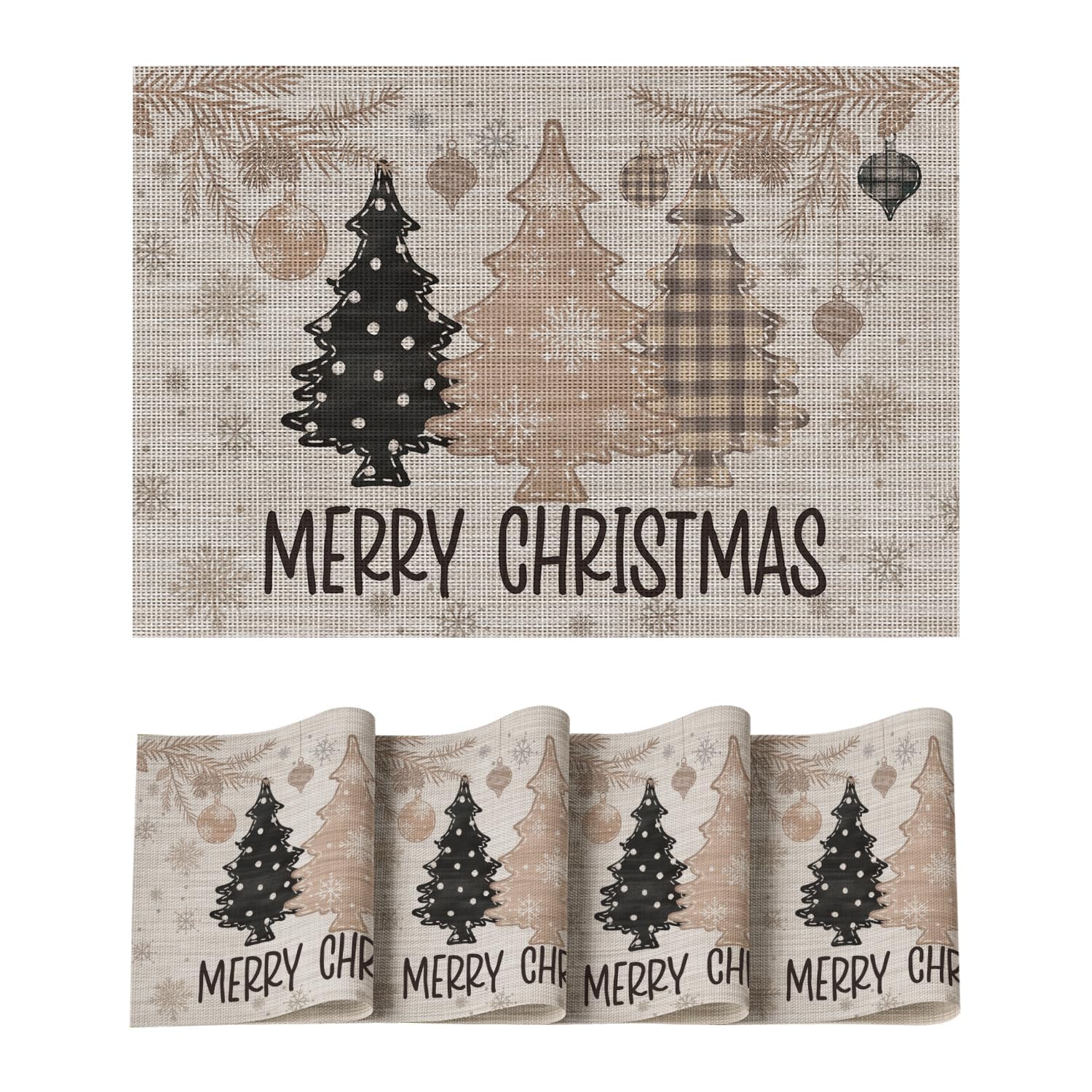 

Red Pine Trees Balls Christmas Vinyl Placemats Set of 4, 12x18 Inch Wipeable Winter PVC Woven Table Mats for Party Kitchen Dining Decor 12 x 18 , Rectangular 4 Pcs