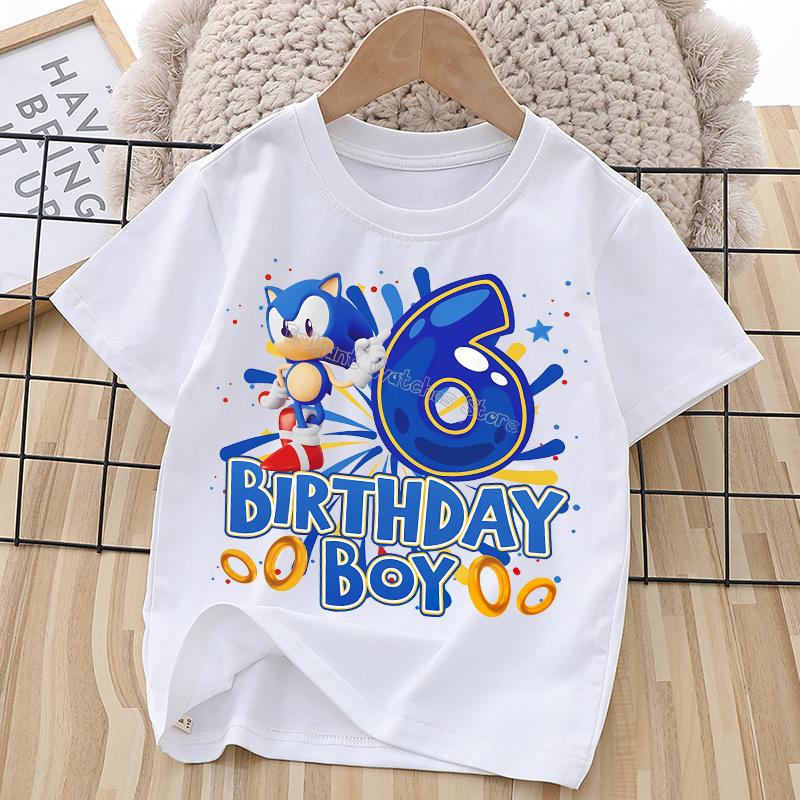 Sonics Birthday Number T-shirt Children Cartoon Tee Top Round Collar Clothing Boys White Short Sleeve Kids Anime Clothes Gift