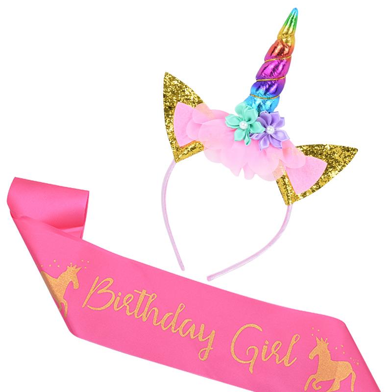 Unicorn Horn Headband Birthday Girl Sash Satin for Girl 1st Birthday Party Decoration Unicorn Theme Party Hair Band Baby Shower