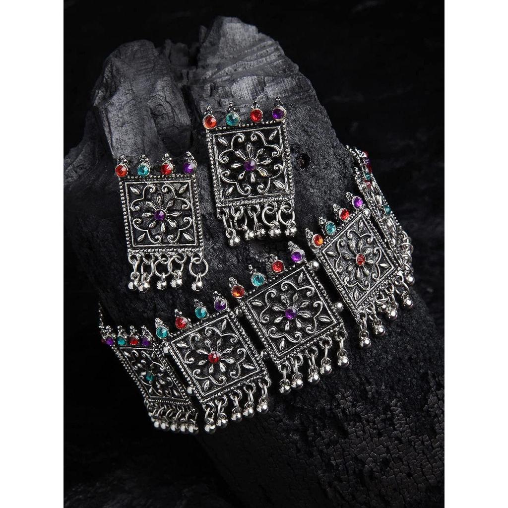 Shining Diva Fashion Latest Stylish Fancy Oxidised Silver Tribal Choker Necklace Jewellery Set for Women , Multicolour