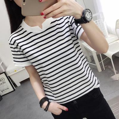 2024 Summer Women's Plus Size Loose Cotton Striped T-Shirt - Black and White Short Sleeve