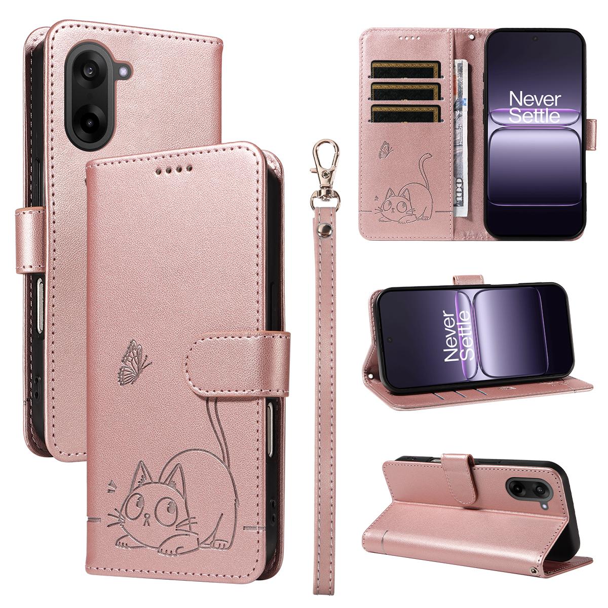 

For OnePlus Nord CE5 5G/OnePlus Ace 5 Racing 5G Case Cat Pattern Imprint Leather Phone Cover with Wrist Strap Rose Gold