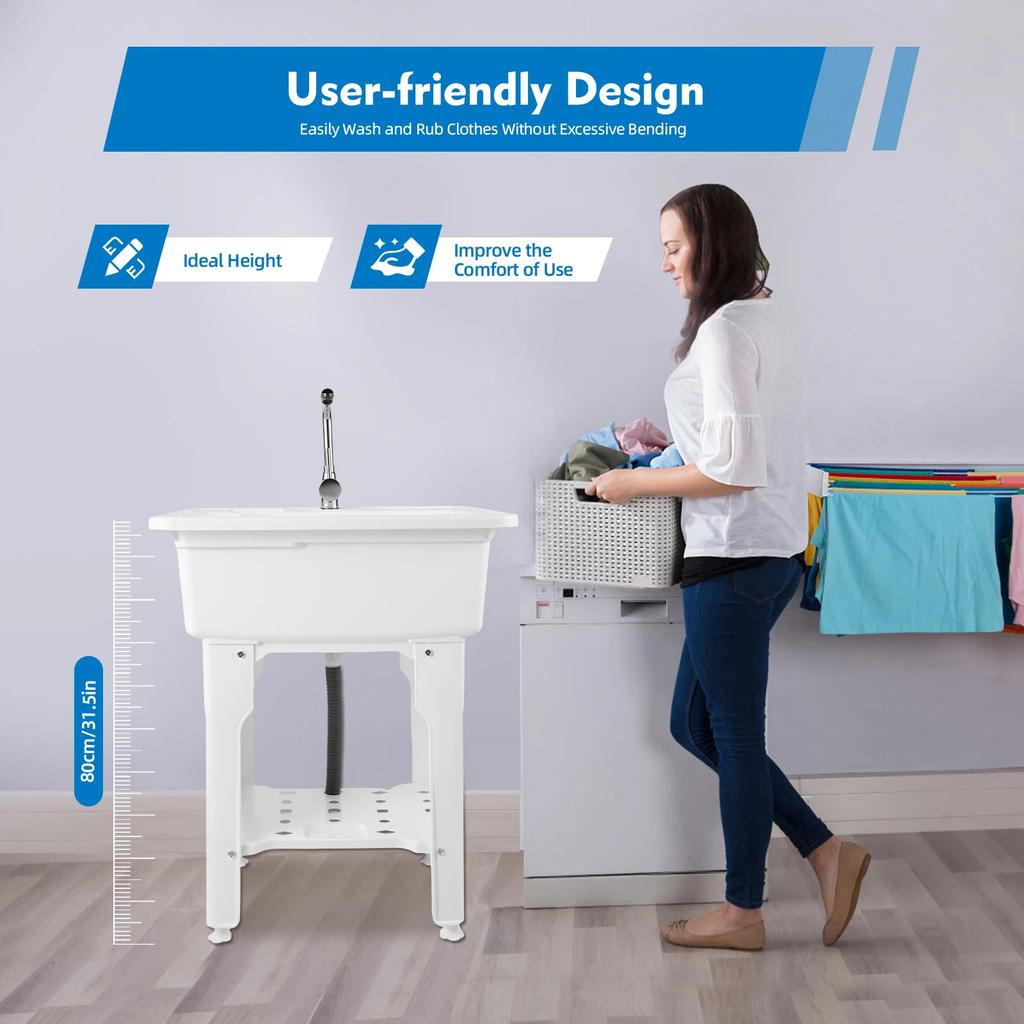 Bymaocar Freestanding Plastic Laundry Sink W/ Hot-cold Faucet & Washboard, Multi-function Shared Sink Kit for Laundry, Bathrooms