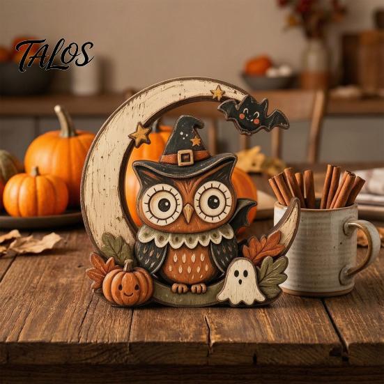 Waterproof Solid Wood Ornaments Halloween Retro Pumpkin Witch Cat Ghost Figurines with Crescent Base, Spooky Vintage Fall Holiday Party Supplies