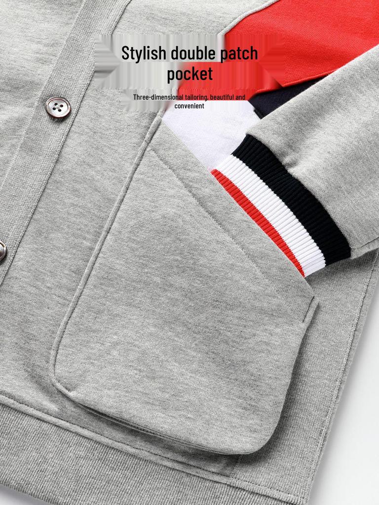 Spring & Autumn Cotton Cardigan: Trendy Red, White & Blue Patchwork Jacket for Couples (B05)