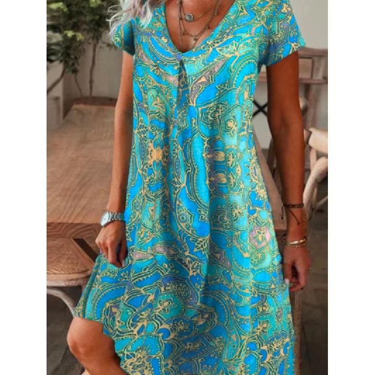 Loose Floral Print Women'S Dress V-Neck Mini Skirt Polyester Short Sleeve Summer Casual Fashion Female Clothing