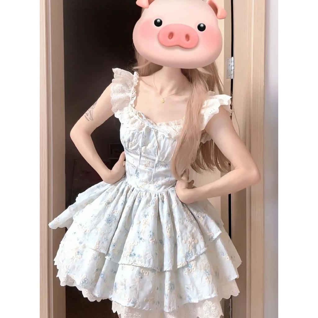 Floral dress women's summer new small flying sleeves fairy princess dress waist puffy short skirt