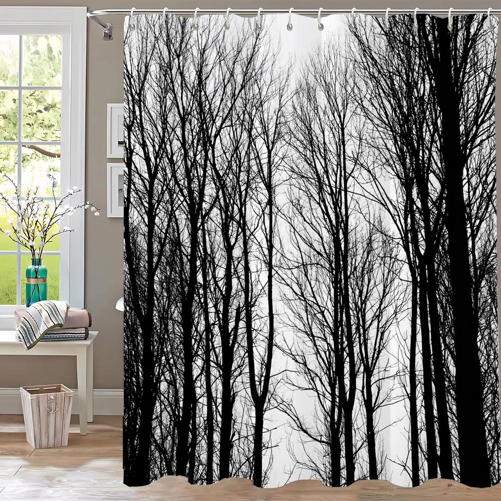 Mysterious Night Misty Forest Shower Curtain, Scenery Bathroom Curtain,Printed Polyester Home Decorative Curtain with Hooks