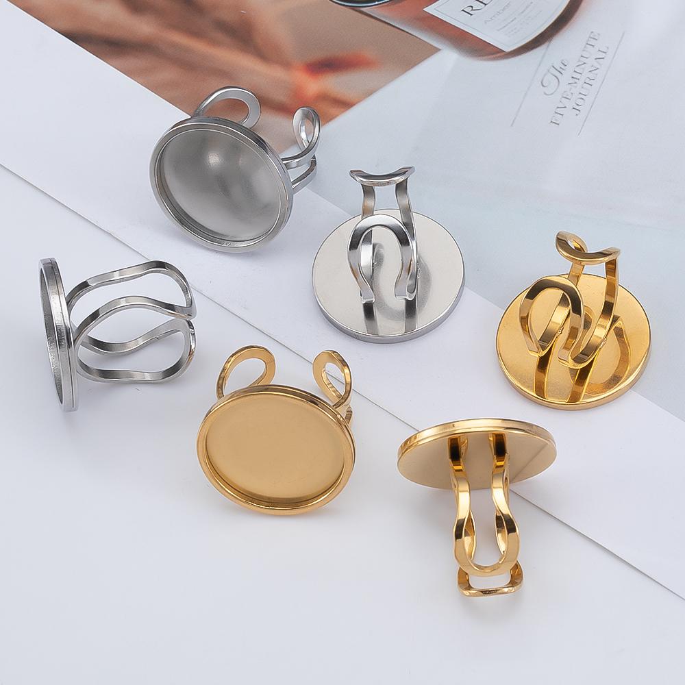 4 Stück Edelstahl Runder Ring Rohling Tablett Verstellbar Offener Fingerring Fassung 10-25mm Cabochon Basis Fassung für DIY Schmuckherstellung