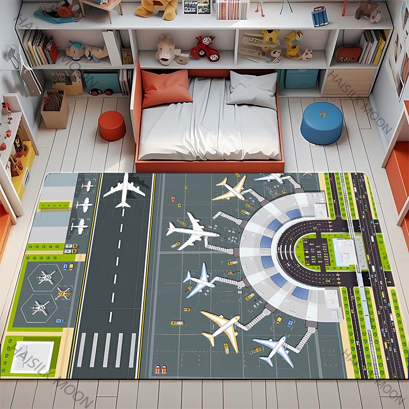3D HD Aviation Theme Airplane Runway Printed Carpet! Anti-slip Sound Insulation, Living Room Bedroom Entrance Door Mat Sofa Rugs