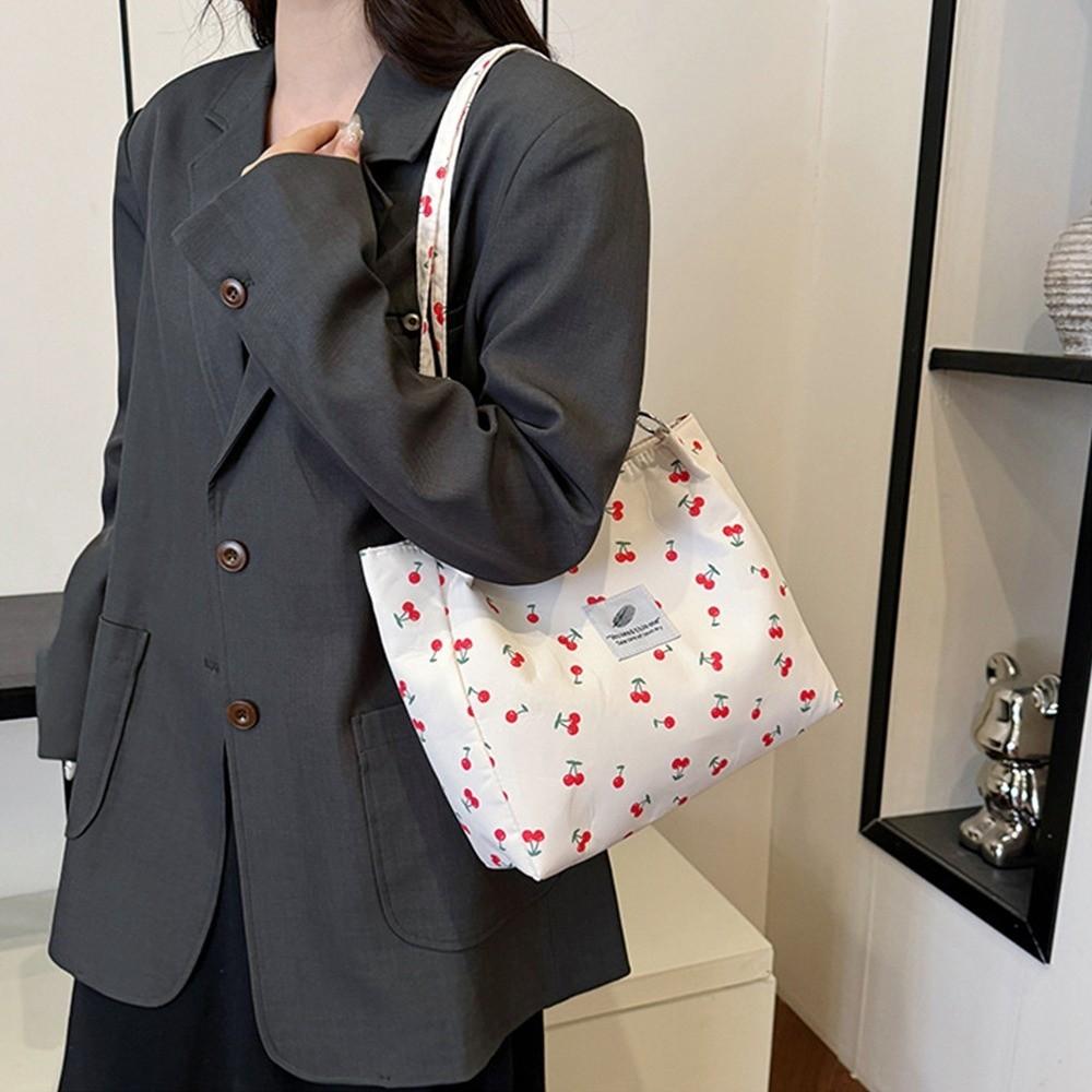 New Large Capacity Tote Bag Cherry-print Lightweight Shoulder Bag Zipper Handbag Girls