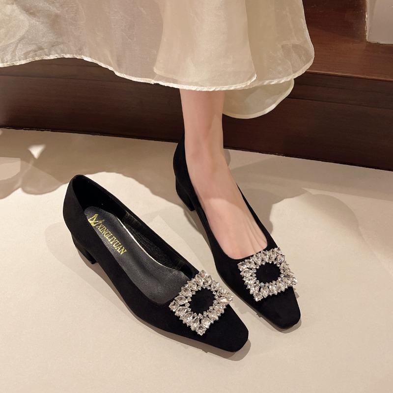 Square-toed Women's Singles Shoes  Spring and Autumn Frosted New Shallow French Rhinestone Temperament