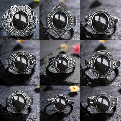 Frauen Oval Runde Natürliche Schwarz Achat Ring Geschenk Sonne Geformt Retro Luxus Edlen Schmuck