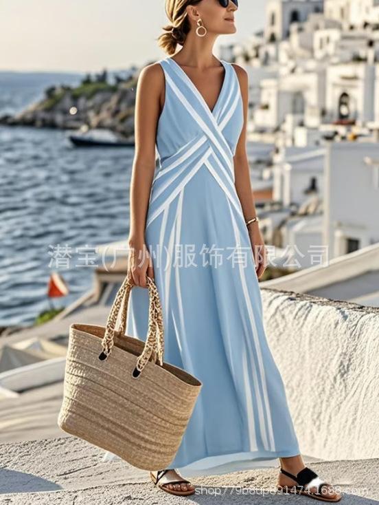 Spot new European and American women's clothing V-neck temperament elegant fashion holiday style casual dress