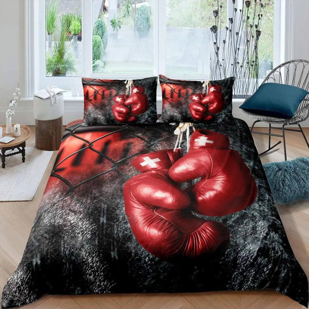 Boxing Bedding Set Red Boxing Gloves Pattern Comforter Cover Sports Theme Duvet Cover Room Pugilism Games Bedding Collection