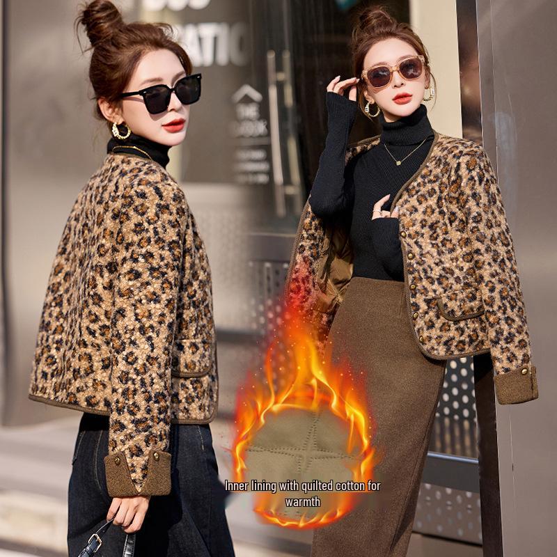 

Женская куртка с леопардовым принтом и хлопковой подкладкой - Зимний короткий топ с круглым вырезом, модная верхняя одежда XL (130-145 jin) цветной печати леопарда