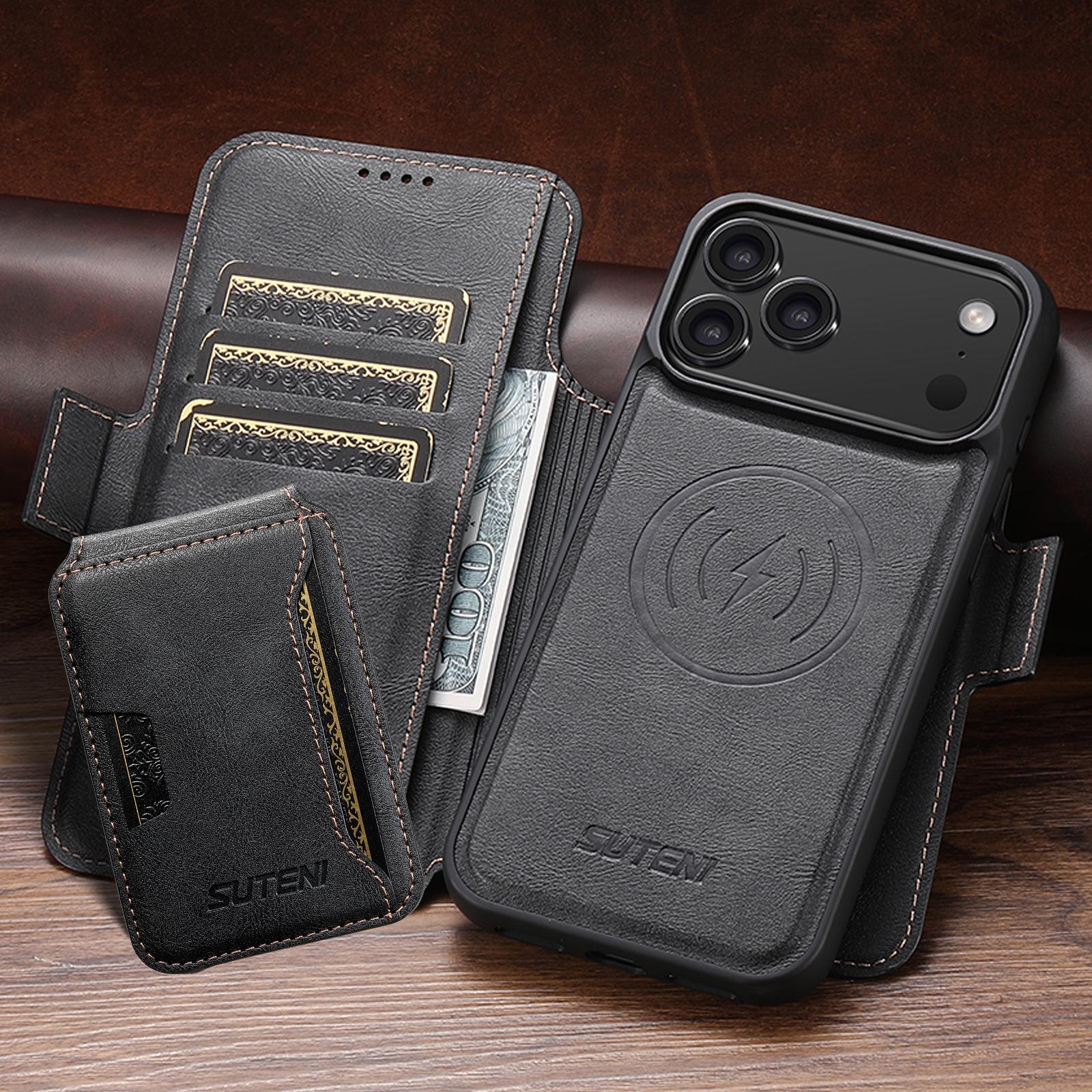 

Шкіряний чохол-книжка для iPhone 17 Pro Max з відділенням для карток і магнітною бездротовою зарядною підставкою iPhone 16 чорний