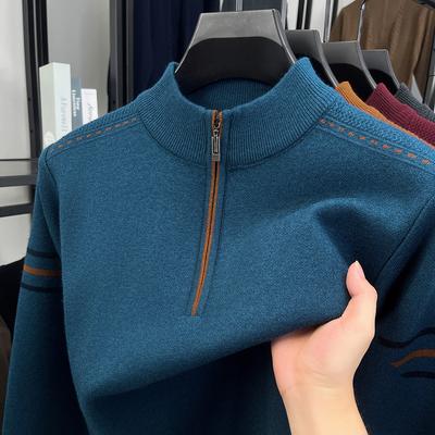 Exquisite Craftsmanship Men'S Half Zipper Sweater Autumn Winter Quality Striped Long Sleeve Knitted Sweater Business Menswear