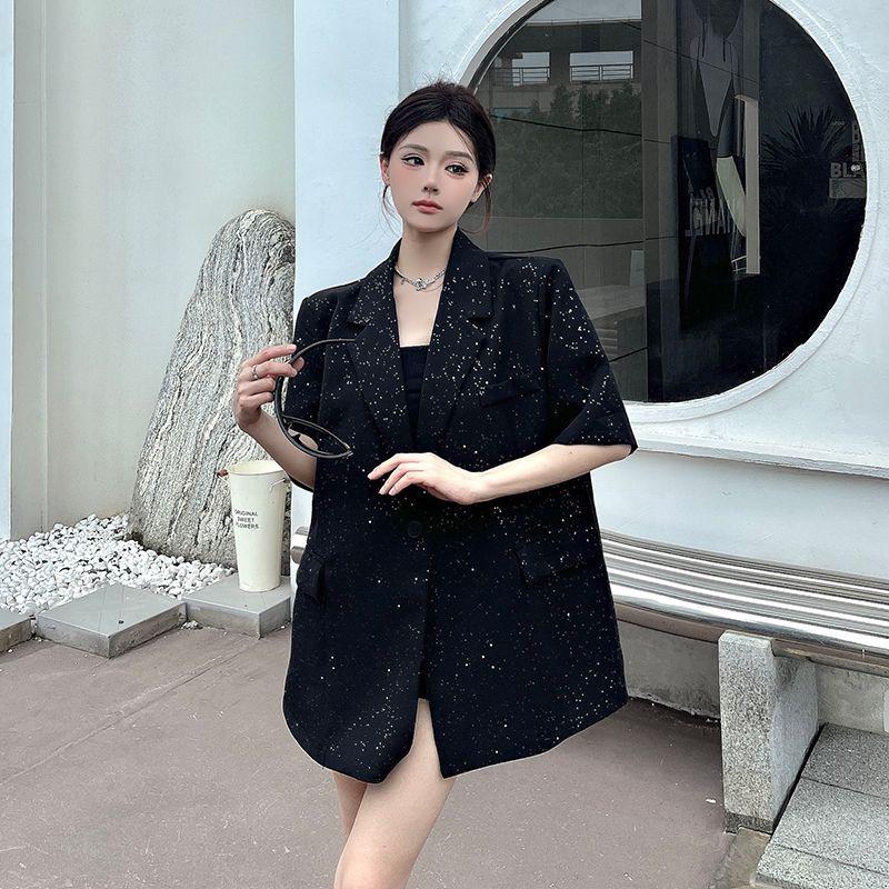 Women Summer Black Starry Sky Loose Padded Shoulder Sequined Short Sleeve Blazer Glittery Design Casual Fashion Outerwear Top