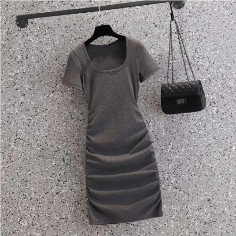 Ice Silk Waist Cinching and Hip Skirt Women's Knitted Short Sleeves Mini Dress Party Knitted Dresses