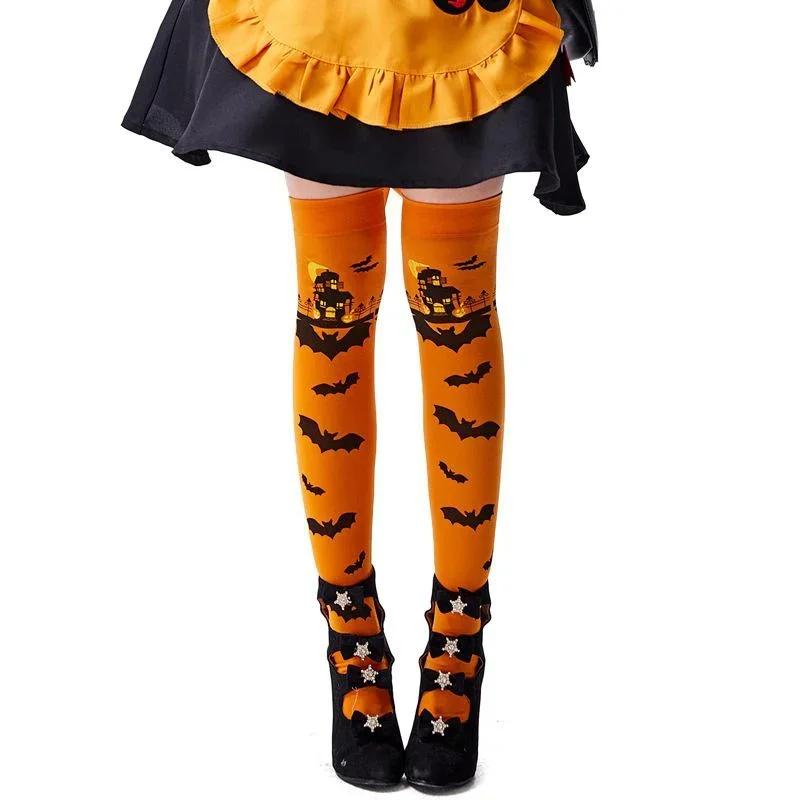 1Pair Women Thigh High Stockings Witch Pattern Over-knee Length Stretchy Long Socks Halloween Costumes Cosplay Accessories Socks